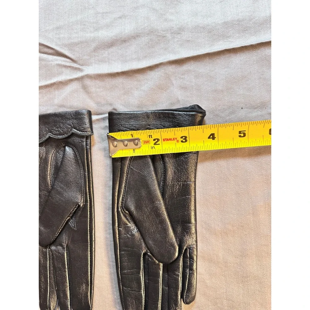 Gold‎ Crown Vintage Black Leather Scalloped Cuff Gloves Size 6.5 Womens Retro
